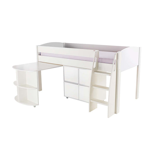 Stompa UNOS Mid Sleeper White Incl Pull Out Desk + 1 Multi Cube With 4 White Doors